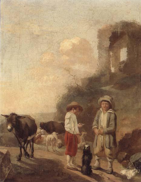 unknow artist A landscape with young boys tending their animals before a set of ruins Sweden oil painting art